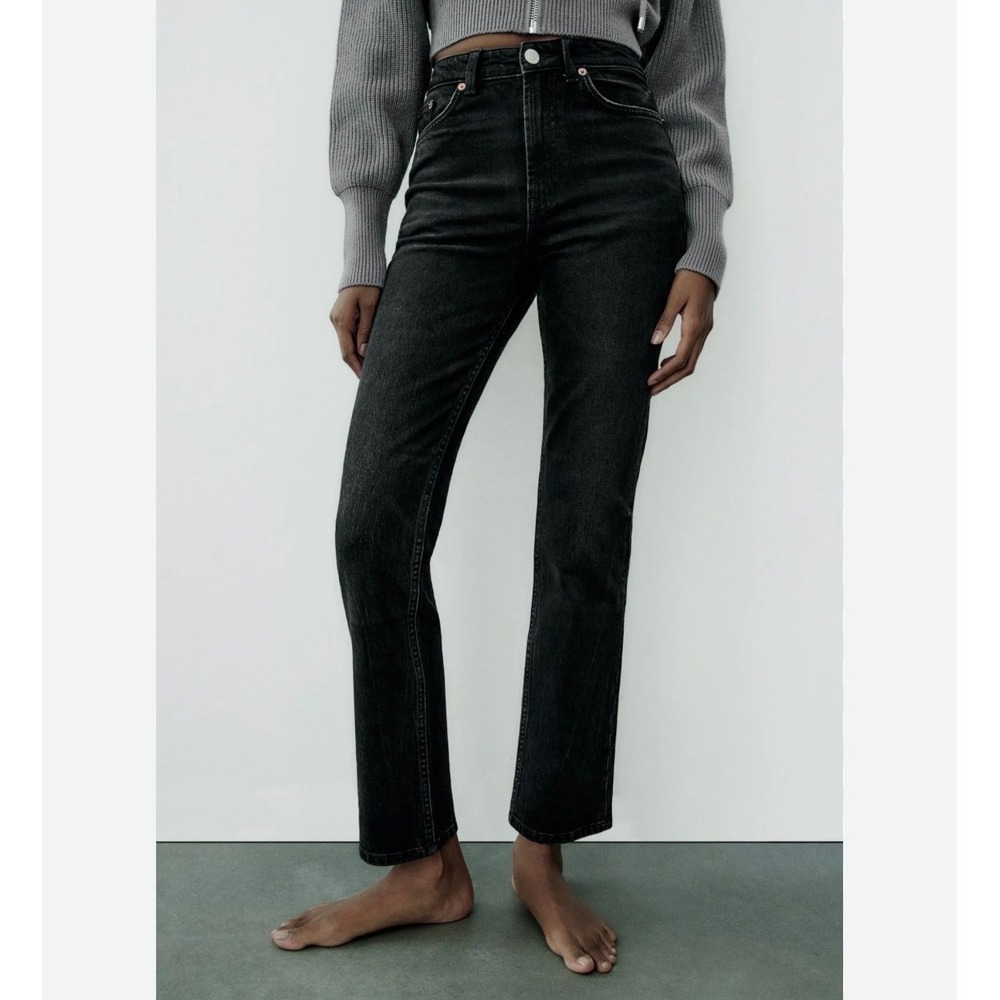 Zara Stove Pipe Jeans Women 6 Black High Rise Ankle Straight Leg Faded Denim
